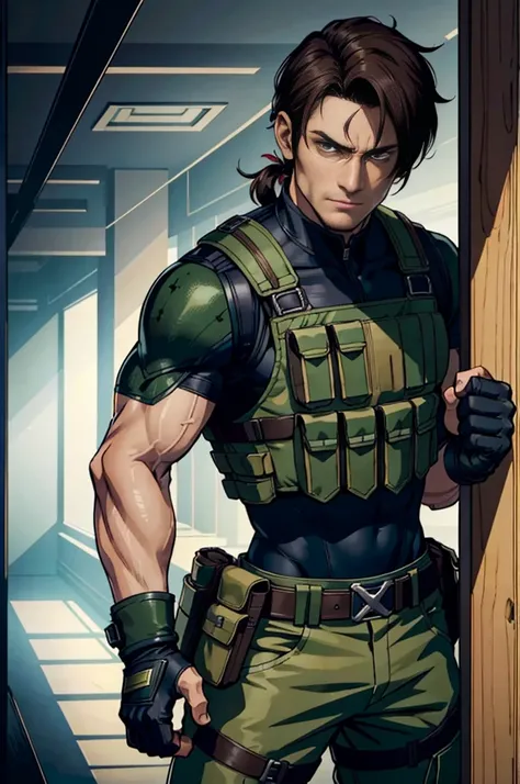 Resident Evil style, one 20 year old male, dark brown hair, short ponytail, green eyes, serious expression, tactical combat gear, finger-less gloves, bulletproof vest, standing in a mansion