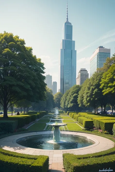 a fountain with trees and a building in the background, a dull painting, inspiriert von David LaChapelle, Umweltkunst, Chemiefabrik, Lebendige, lebendige Farben, Hochwertiges Produktbild", The city is full of green plants