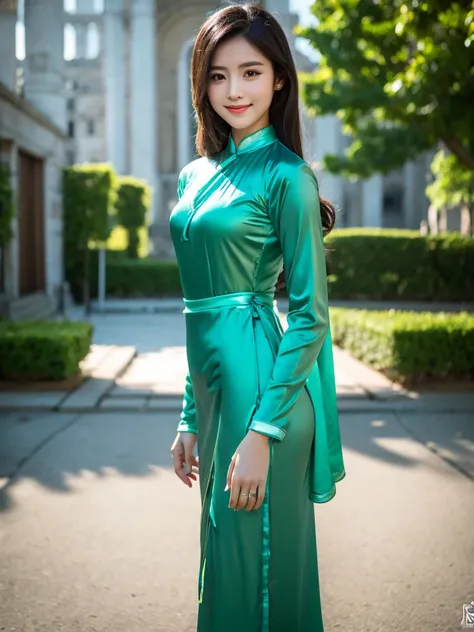 turquoise satin shiny aodai, Vietnamese girl, pretty girl, smile , long hair, Realistic lighting, delicate face, Body perfect anatomy,Top Quality, 8K Resolution , full body , realistic , real human , High quality, realistic , Cinematic, Aesthetic, beautifu...