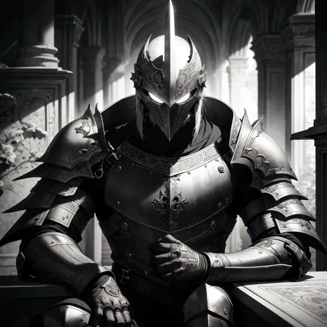 Silver armor、armor, European armor, Male Focus, Sword and shield, knight, monochromes, helmet weapon, sitting on lap, (borgar)
BREAK
greyscale, Full body, (Raise the Sword to Heaven), Solo,
BREAK
absurdres, hight resolution, ultra-detailliert, (1male peopl...