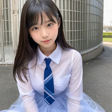 A shy high school girl wearing a transparent dress shirt