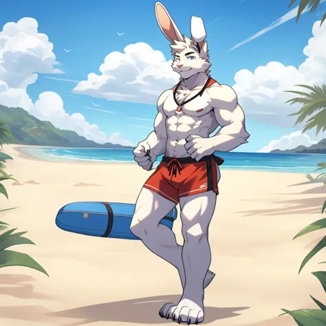 single person，white skin，（rabbit ears），teenager，rabbit，rabbit furry，male，rabbit，white fur，white skin，full body，naked，cum，，beach clothes，