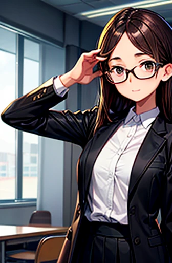 1girl, medium-length brown hair, brown eyes, glasses, open forehead, office outfit, black jacket, white shirt, black skirt