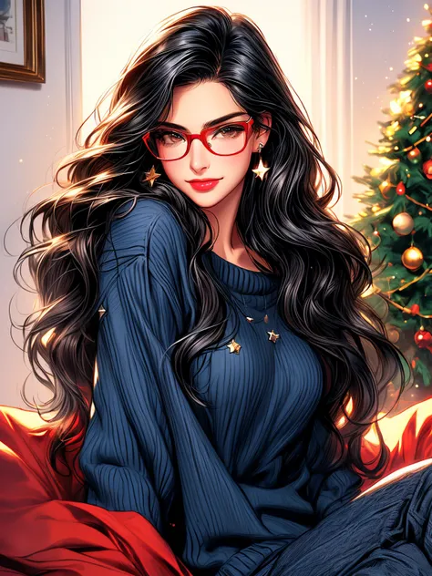 full view traditional illustration detailed, two characters, first: Clark Kent (muscular, black hair, s-curl, glasses, blue sweater) second: and Diana Prince Wonder Woman (long black wavy hair, body positive, small star stud earrings red oversized sweater)...