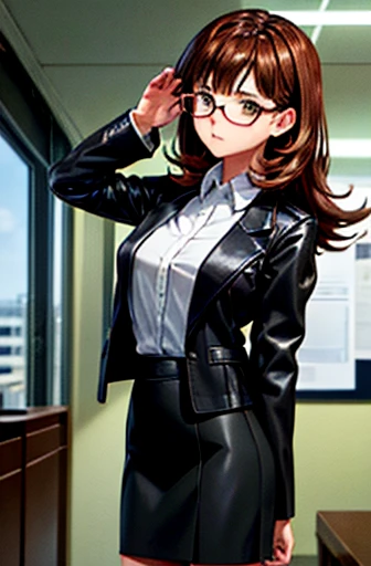 1girl, medium-length brown hair, brown eyes, glasses, open forehead, office outfit, black jacket, white shirt, black skirt