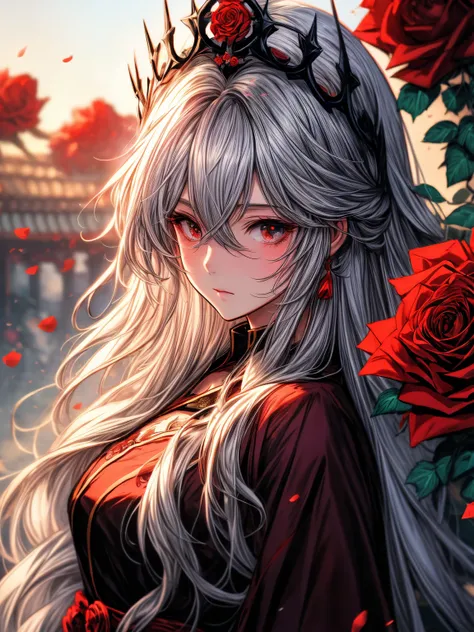 anime girl with long white hair and red roses in her hair, crown of roses, guweiz, roses in her hair, artwork in the style of guweiz, digital art on pixiv, guweiz on pixiv artstation, anime illustration, beautiful anime portrait, digital anime illustration...