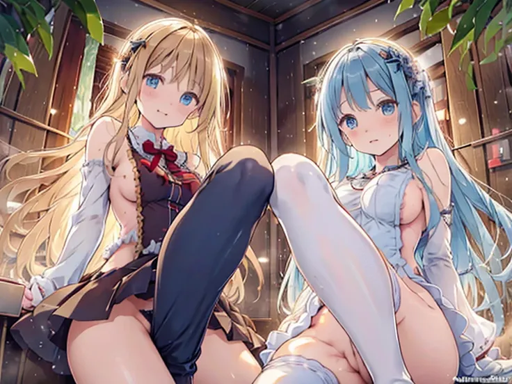 Two cute blue eyed 12 year old girls with wavy blonde hair are sitting naked with their legs spread wide open and peeing, showing their butts, anuses, pussies and small nipples.。I dont wear any underwear。A pose where you can be seen from below。are small。Po...