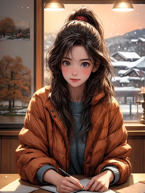 a girl studying in front of the desk, at night , hard-working , in the winter , snowy outside,wearing a cotton-padded jacket, in the style of hyper - realistic town, whimsical beauty, soft brushstroke realism, flat yet expressive, realistic paintings, stro...