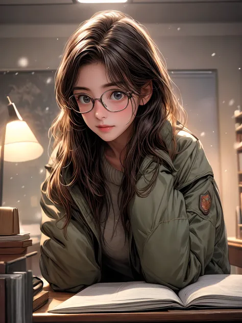 a girl studying in front of the desk, at night , hard-working , in the winter , snowy outside,wearing a cotton-padded jacket, in the style of hyper - realistic town, whimsical beauty, soft brushstroke realism, flat yet expressive, realistic paintings, stro...