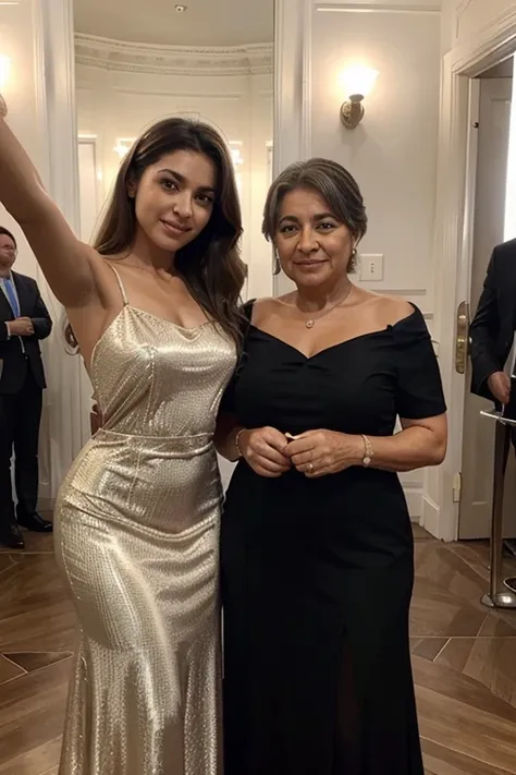 Selfie de chica hermosa con vestido elegante en cena vip ejecutiva con un vestido elegante, He is with a 57-year-old man at his side., he likes her, siempre visten elegante, el fondo es un congreso, a very elegant elegant meeting, hay varias personas, sent...