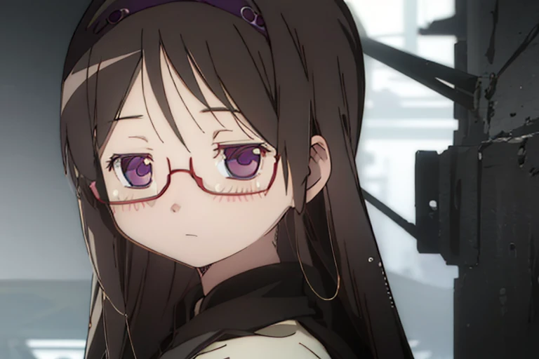 1girl in，独奏、detailed details，​masterpiece，black hair，purple eyes black headband，bustup，red glasses