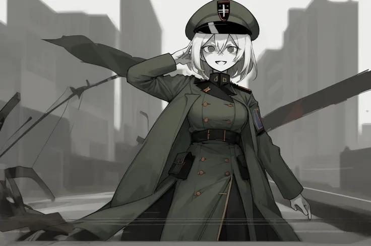 city ​​street,
Beautiful (fascism In fascist clothes and a fascist hat, Sadistic smile.:1.2), opened mouth, BREAK headshot below, short disheveled hair, deranged look, limited palette, blurry shading, Old military uniform, Full-length