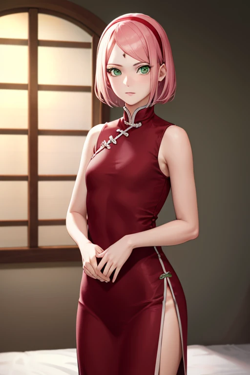 sakuraharuno, sakura haruno, short hair, bangs, (green eyes:1.5), pink hair, hairband, facial mark, (forehead mark:1.2), red hairband, (swept bangs:1.5), (small breast:1.2),
BREAK chinese clothes, dress, (red dress:1.2), short skirt, black shorts, gloves, ...