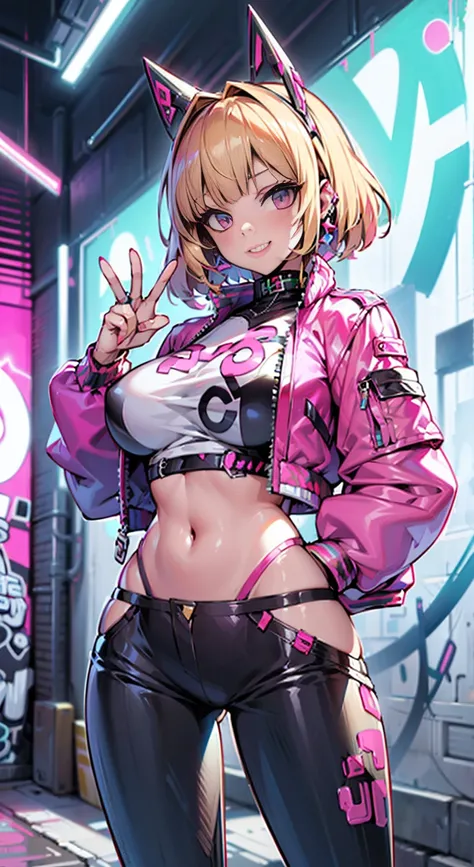 8K,Ultra Detail,ultra-quality,ultra precision,ultimate masterpiece,cutie Girl,big boobs,big Thigh,bomber jacket,long leather pants,long twin tail(blond)(innercolor of pink),cool Graffiti on the wall,Cyber punk mask,Theme of Cyber Punk,smile,double peace,