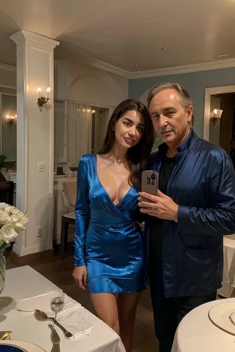 Selfie of beautiful girl in petal blue satin dress wearing elegant dress, He is with a 57-year-old man at his side., he likes her, siempre visten elegante, The background is his house with a very elegant black marble finish., , selfie with more people in t...