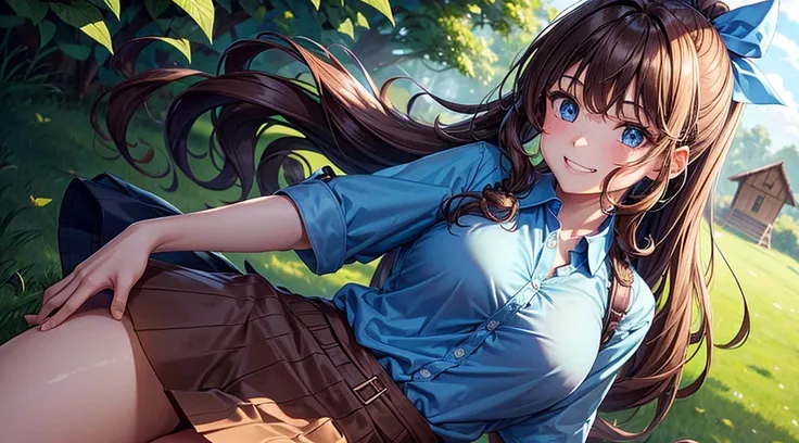 1girl, solo, village, trees, brown hair, long hair, curly hair, ponytail, large breasts, button down shirt, police, ((blue shirt)), ((unbuttoned shirt)), ((short sleeved shirt)), blue eyes, skirt, grin, looking at the viewer, standng, hair ribbon