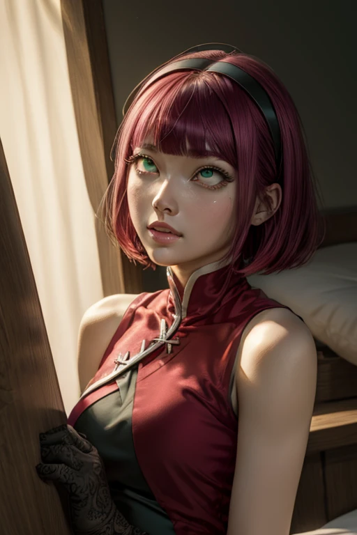 sakuraharuno, sakura haruno, short hair, bangs, (green eyes:1.5), pink hair, hairband, facial mark, (forehead mark:1.2), red hairband, (swept bangs:1.5), (small breast:1.2),
BREAK chinese clothes, dress, (red dress:1.2), short skirt, black shorts, gloves, ...