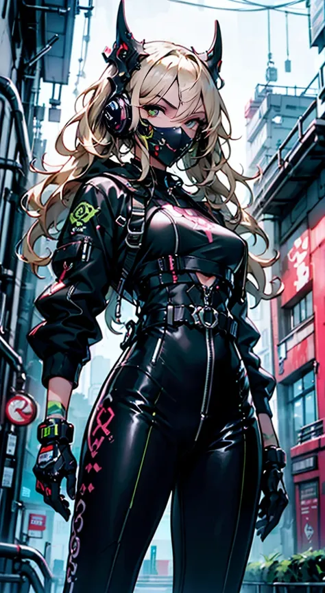 8K,Ultra Detail,ultra-quality,ultra precision,ultimate masterpiece,cutie Girl,big boobs,big Thigh,bomber jacket,long leather pants,long twin tail(blond)(innercolor of pink),cool Graffiti on the wall,Cyber punk mask,Theme of Cyber Punk,smile,view side,