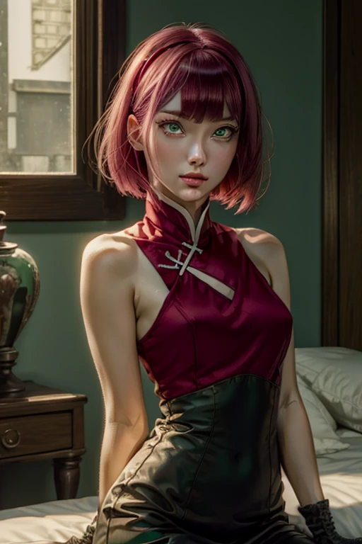 sakuraharuno, sakura haruno, short hair, bangs, (green eyes:1.5), pink hair, hairband, facial mark, (forehead mark:1.2), red hairband, (swept bangs:1.5), (small breast:1.2),
BREAK chinese clothes, dress, (red dress:1.2), short skirt, black shorts, gloves, ...