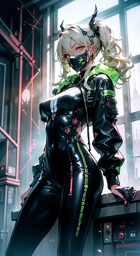 8K,Ultra Detail,ultra-quality,ultra precision,ultimate masterpiece,cutie Girl,big boobs,big Thigh,bomber jacket,long leather pants,long twin tail(blond)(innercolor of pink),cool Graffiti on the wall,Cyber punk mask,Theme of Cyber Punk,smile,view side,