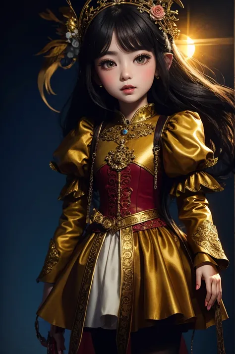 Close-up of a doll with long hair and skirt, Autumn Queen, dollfie dream, gilded lotus princess, ball jointed doll, Cute Anqiu Princess, rococo queen, renaissance autumn, rococo dress, Baroque dress, Elf Princess, Soft golden glow, Sunset sun, portrait c 1...