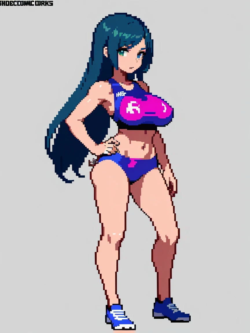 (masterpiece, top quality, best quality, less detail, 8-bit color), pixel,pixel art,1girl, fullbody, smack studio, separate body for edit, (covered nipples), (huge breasts), (track uniforms), sportswear, sports bras,