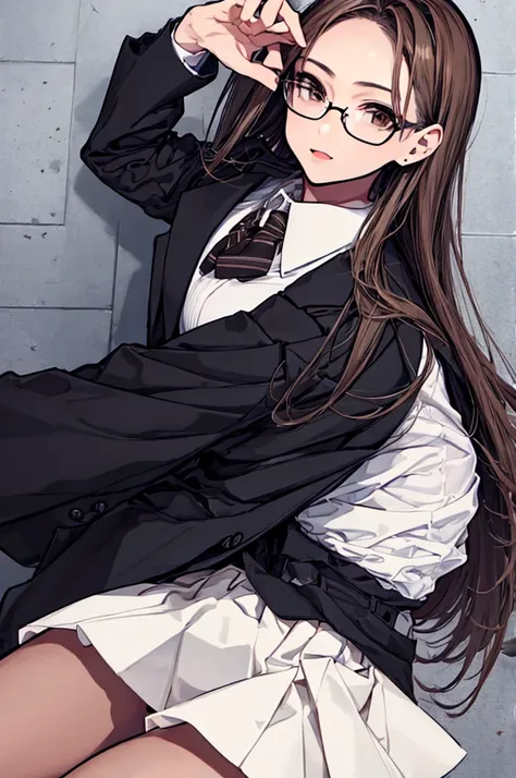 1girl, medium-length brown hair, brown eyes, glasses, open forehead, office outfit, black jacket, white shirt, black skirt