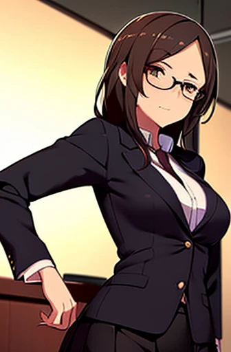 1girl, medium-length brown hair, brown eyes, glasses, open forehead, office outfit, black jacket, white shirt, black skirt