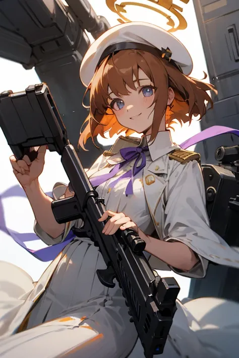 Detailed details，Halo，Shining eyes，short orange brown hair，White dress，holding a machine gun，a smile，White beret，slit，long  skirt，Purple ribbon