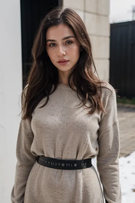 ((best quality)), ((masterpiece)), (detailed), perfect face realistic photo of beautiful woman with long dark brown hair, Russian, influencer, light freckles, dark brown eyes, big lips, no makeup, instagram, standing next to black wall, wearing sexy lond w...