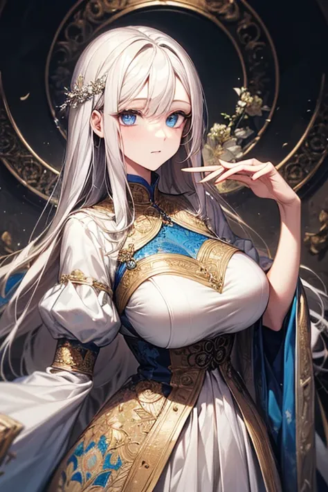 (absurderes、hight resolution、ultra-detailliert)、a matural female、white  hair、length hair、bluntbangs、blue eyess、doress、long-sleeve、Finely detailed eyes and detailed face、intricate-detail、BREAK Mosaic Art、complex pattern、durable surfaces、intricate-detail、Enl...