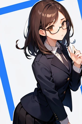 1girl, medium-length brown hair, brown eyes, glasses, open forehead, office outfit, black jacket, white shirt, black skirt