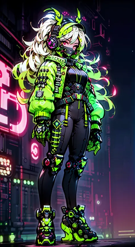 8K,Ultra Detail,ultra-quality,ultra precision,ultimate masterpiece,cutie Girl,big boobs,big Thigh,bomber jacket,long leather pants,long twin tail(blond)(innercolor of pink),cool Graffiti on the wall,Cyber punk mask,Theme of Cyber Punk,smile,view side,