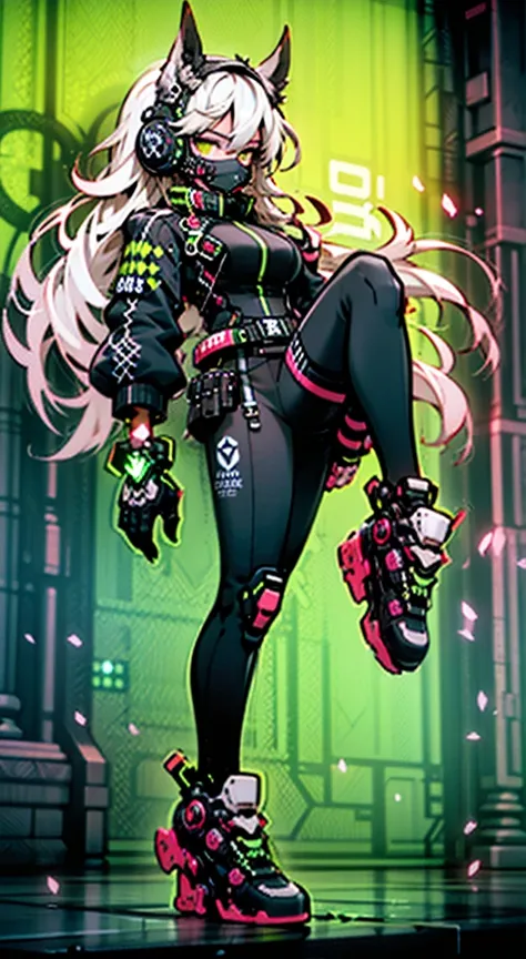 8K,Ultra Detail,ultra-quality,ultra precision,ultimate masterpiece,wolf Girl,big boobs,big Thigh,bomber jacket,long leather pants,long twin tail(blond)(innercolor of pink),cool Graffiti on the wall,Cyber punk mask,Theme of Cyber Punk,stylish Action,dash ju...