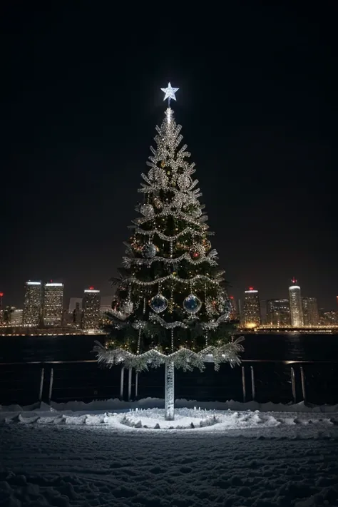 Christmas tree made of chrome steel surrounded by a techno city on the year 2050 in the winter while snowing at night