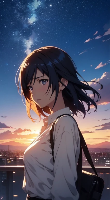 High resolution 8K, NSFW, Bright light illumination, Man and woman are looking at the sky with their backs turned, Business suits, anime characters in a scene with a sky background, your name movie style, Stills in TV anime, yourname, fiona staples and mak...