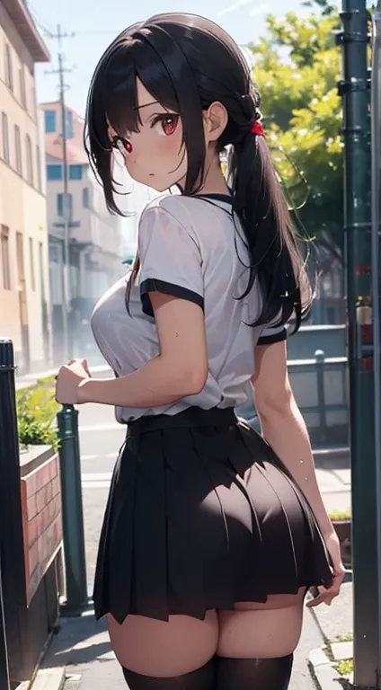 (best quality, 8k, 32k, masterpiece, UHD:1.2), highres, sharp focus, detailed outfit, beautiful detailed hair, delicate details, 
1 girl, black hair, red eyes, parted lips, large breasts, thigh highs, white t-shirt, mini skirt, pleated skirt, bra visible t...