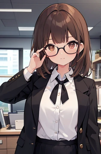 1girl, medium-length brown hair, brown eyes, glasses, open forehead, office outfit, black jacket, white shirt, black skirt