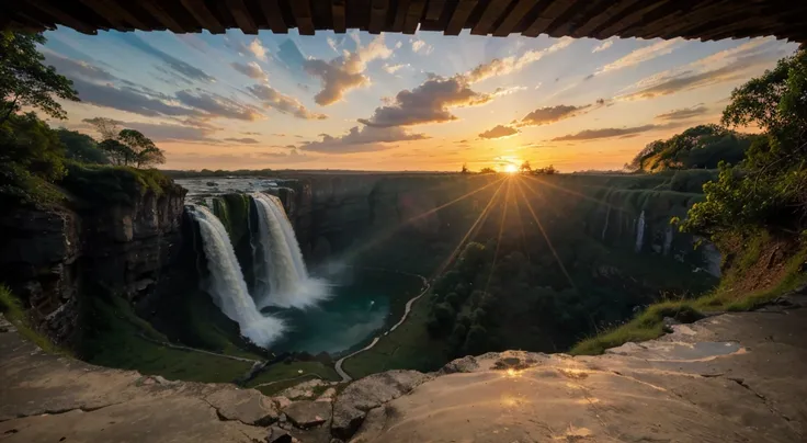 a real photograph of a beautiful sunrise at the edge of a waterfall.