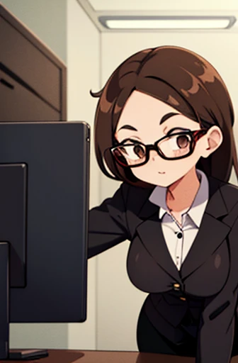 1girl, medium-length brown hair, brown eyes, glasses, open forehead, office outfit, black jacket, white shirt, black skirt