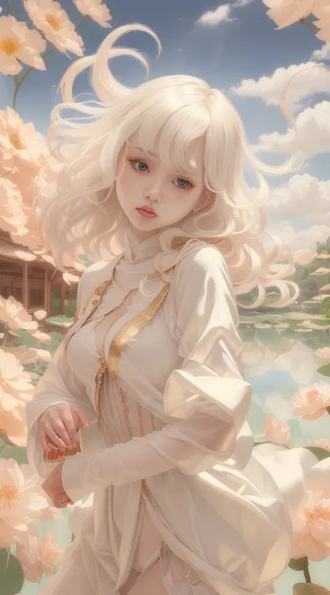 1female，Small loli，Small breasts，Low chest exposure， 独奏，（Background with：bamboo forrest，lotuses，lotus flower，exteriors，Lotus pond） She has short black hair，standing on your feet，Sweat profusely，drenched all over the body，seen from the front， hair straight，...