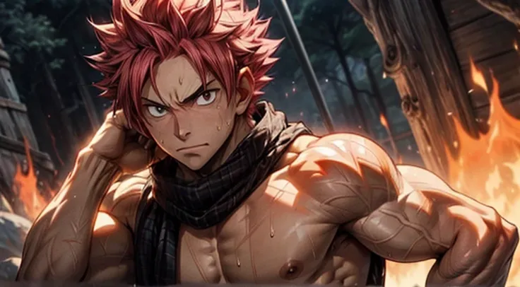 Upper body of Natsu Dragneel bare chested flexing looking at the viewer, landscape wallpaper, fire and embers particles:1.5, sweating hevily, muscular toned defined V-shape body wallpaper