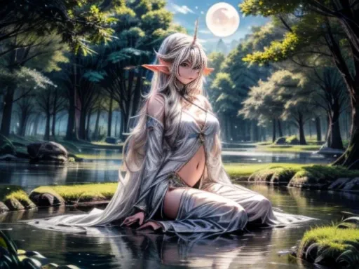 ((moon light))、((White Unicorn))、A quiet pond in the deep forest、Virgin sitting on a big rock、hight resolution、4k,8k, depth of fields、(Beautiful elf girl leaning on an old tree)、Beautiful face、Navel Look、(view from far), ((Full body like、Landscape painting...