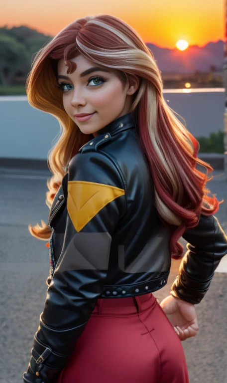 1 hermosa chica Europea , 16yr old , Sunsethuman , Sunset Shimmer from my little pony, Sunset Shimmer in the form of a girl  , mlp , pechos grandes , linda blusa azul , small black jacket , pantalon de mezclilla azul ajustado , botas largas con tacon estil...