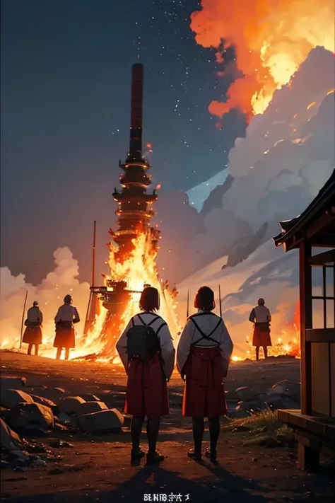 people standing around fire，There is a big fire in the middle of the fire, Burning scene in the background, japanese live action movie, japanese vfx, Still from a live action movie, Scenes from live-action movies, bonfires, screenshots from movies, Opening...