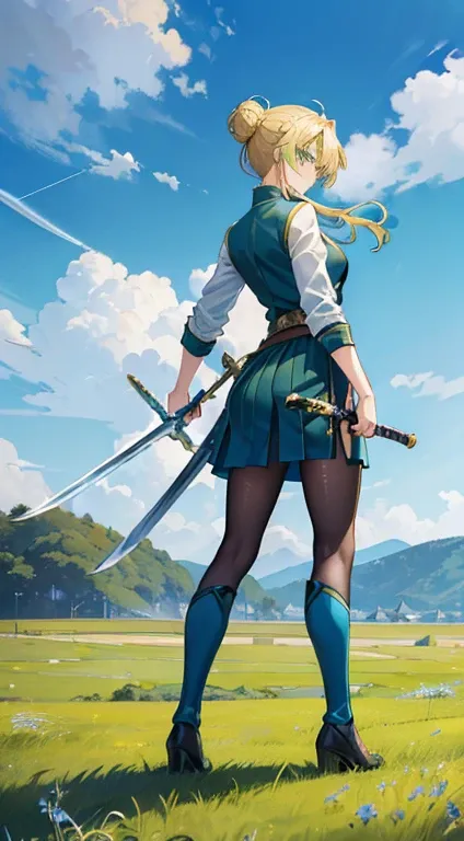 (Anime-style: 1.2), (Golden-haired character: 1.3), (Green-eyed: 1.2), (Updo hairstyle: 1.1), (Blue-themed attire: 1.3), (Sword plunged into the ground: 1.3), (Dynamic pose: 1.3), (Profile: 0.7), (Standing girl: 1.1), (Boots: 0.9), (Grassland: 1.3), (Clear...