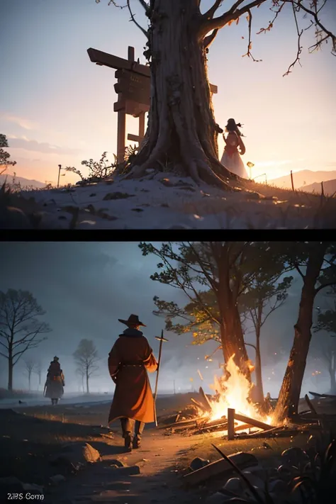 (a group of people walking around a fire),(a cross on top of the fire),midsummer night,a figure made of willow branches,full scene shot,burning scene in the background,bonfire,people facing the fire,movie screenshot,burning witch,opening scene,midsummer st...