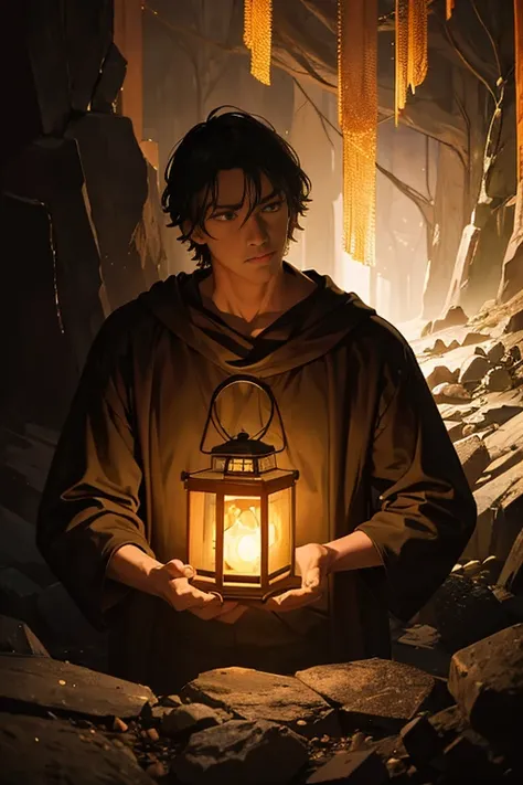 There is a man holding a lantern in a dark cave, movie still dnd, In a cave. underexposed, Horror movies remain, Still from a live action movie, cinematic Film still from, movie still movie, screenshots from movies, Still in the movie, Or from a horror mov...