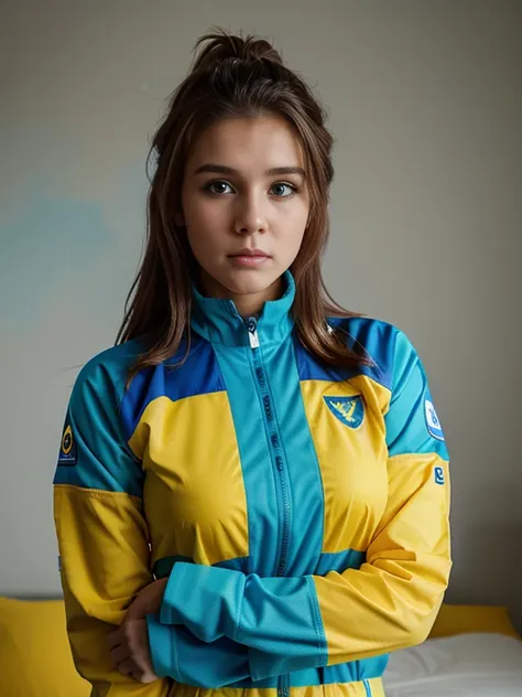 un primer plano de una mujer con un uniforme de animadora azul y amarillo, Aspecto Brooke Ashling.