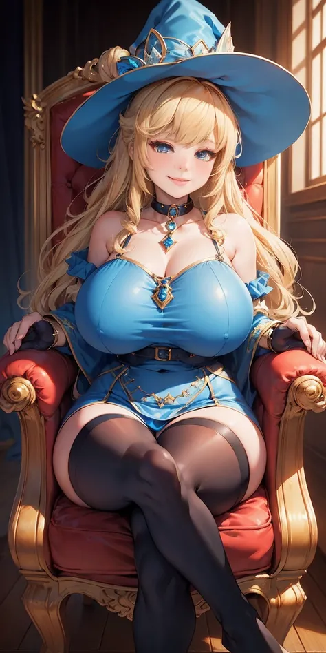 (4k, Prominence in Masterpiece, High Quality, Best Quality: 1.2) full body, 1 child female, solo, 1 girl, lustful smirking smile blush, looking at viewer, sitting on chair with legs crossed, big black thighs stocking, big breasts (cover with blue) ((SFW)),...